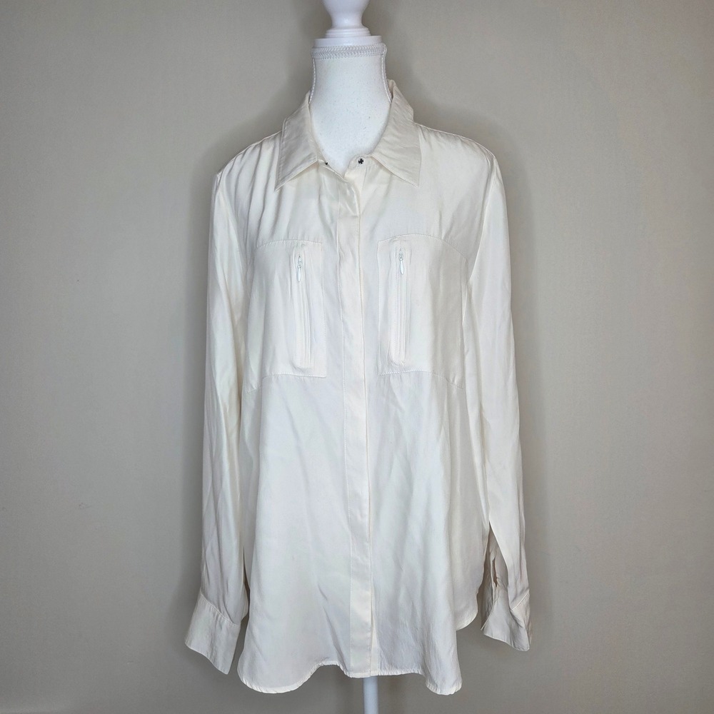 Elaine‎ Kim 100% Silk Button Down Blouse Cream XL Utility Zip Pocket Off White